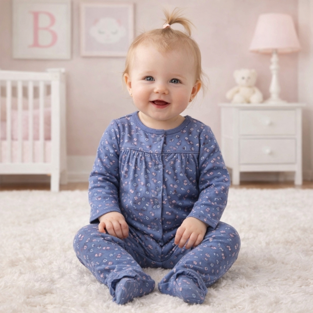 Carter's Sleep & Play Button Up Footed Onesie Denim Blue w/ Flowers New w/ Tags